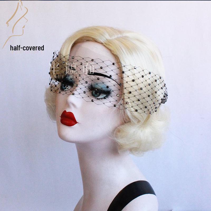 Retro Britische Schwarze Strass Augenmaske Schleier - Handgefertigtes Netz Haaraccessoire