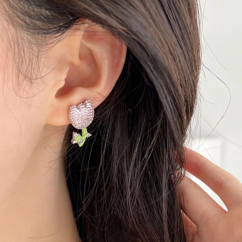 HEFANG Tulip Sterling Silver Heart Stud Earrings with Full Diamond and Epoxy Design.