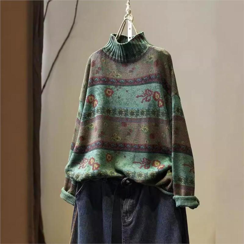 Print Vintage Mock Floral Korean Neck Casual Loose Sweater Woman Autumn Fashion Long Sleeves Sweater