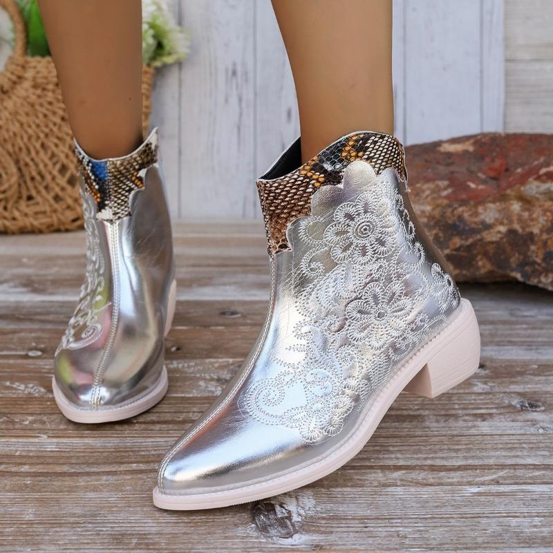 Women's Single Boots Spring and Autumn New Pointy Embroidery Color Matching Short Boots Fashion Increase Non-slip Western Boots