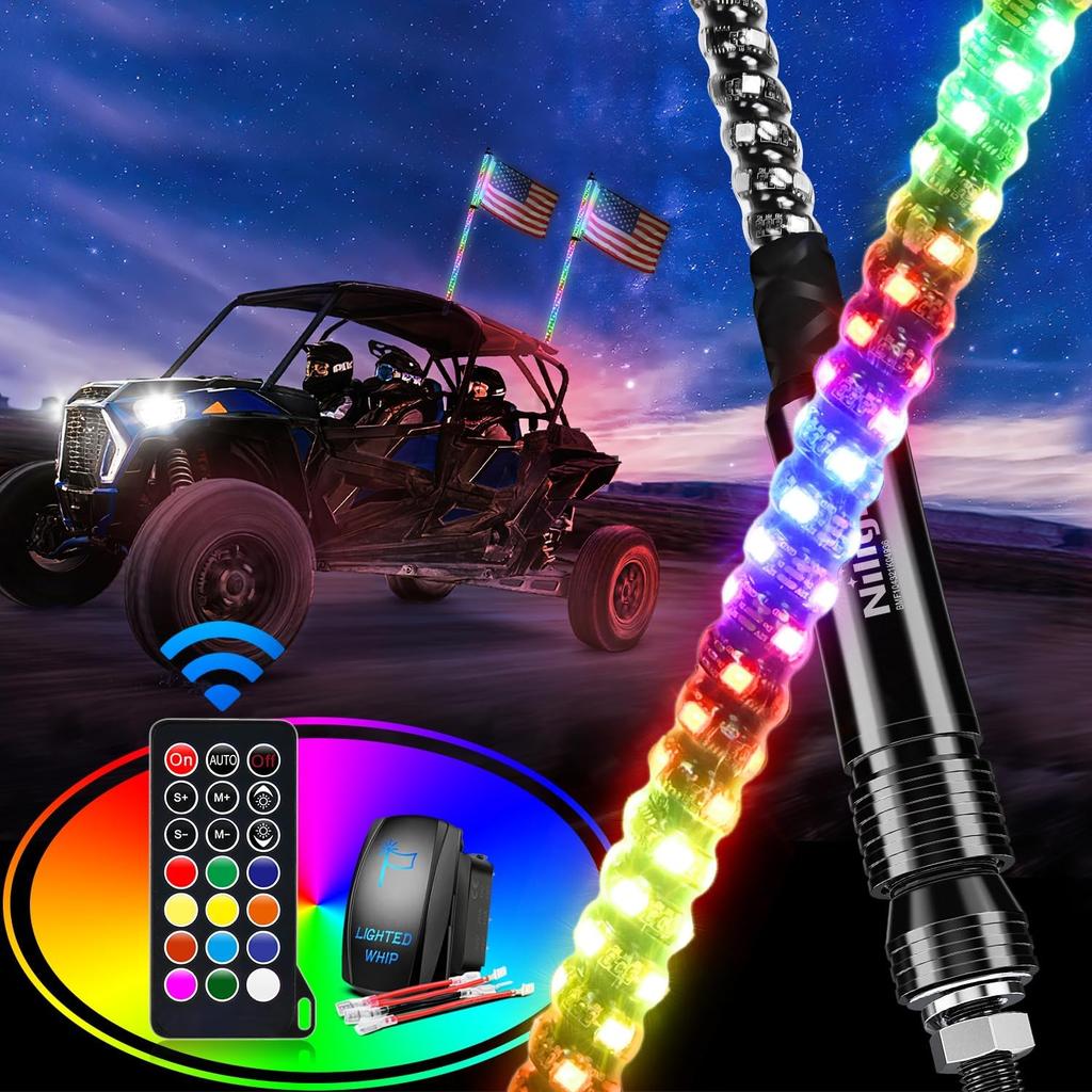 Nilight 2PCS 2FT RGB LED Whip Lights Spiral Chasing Dancing Lighted Antenna RF Remote Control for Can-Am ATV UTV RZR Polaris Dune Buggy Truck Bulbs 7