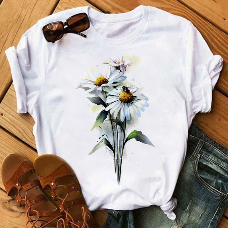 Women Graphic Flower Floral Printed T-shirts Cute 90s Style Vintage Print Tops Lady Tees Clothing Female T Shirt Womens T-Shirts