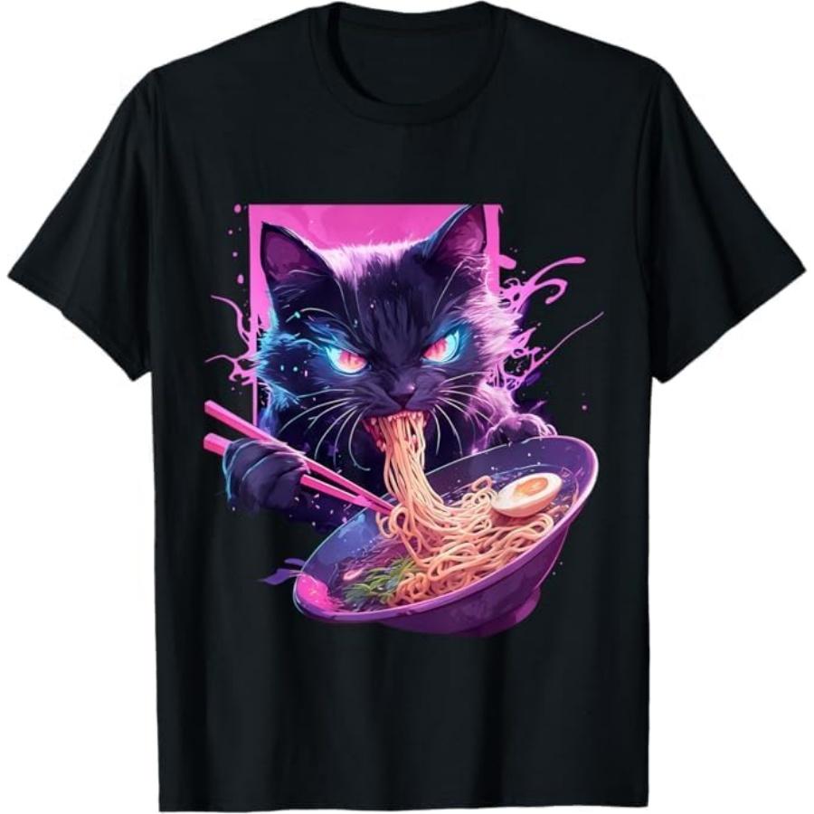 Japanese Art Ramen Cat Ninja Synthwave Style Samurai Cat T-Shirt BAOANH Mens Womens Tank Top Sweatshirt Hoodie Longsleeve 1179 Black S
