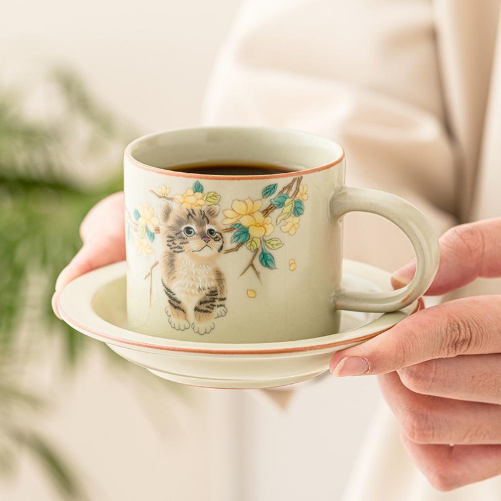 Roztomilý hrnek na kávu s podšálkem s kočičím vzorem Ruyao, keramický, na latte art, cappuccino, pro baristy