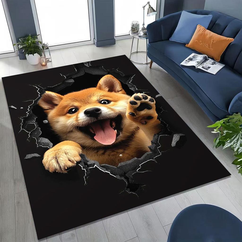 Tapete Fofo Cão Filhote Quebrando a Parede Ilusão 3D para Quarto Sala de Estar Sofá Casa Capacho Decoração, Tapete Grande Antiderrapante para Brincar de Crianças