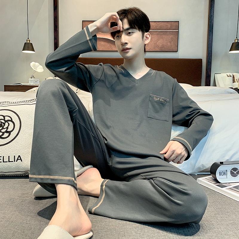 Men's Korean-Style Cotton Pajamas - Long Sleeve, Casual, Seasonal Homewear