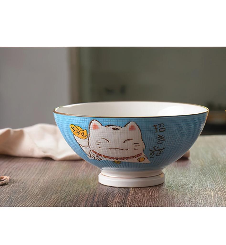 Ceramic High Bowl Multi-Sized Colorful Lucky Cat Soup Bowl Salad Bowl Underglaze Kitchen Household Tableware Children's Couple