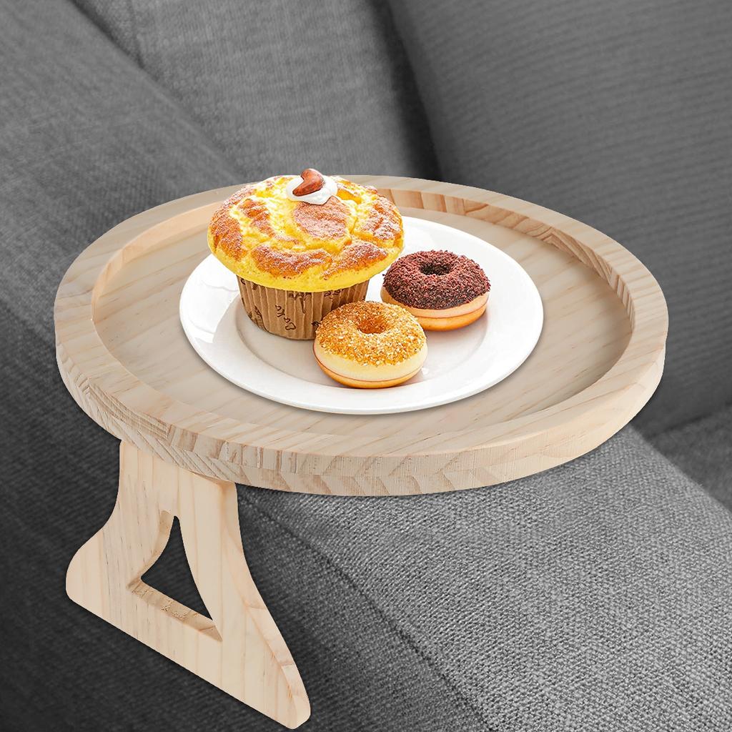 Natural Pine Wood Sofa Side Tables Round Portable and Foldable Sofa Armrest Clip-On Tray Waterproof Sofa Couch Arm Rest