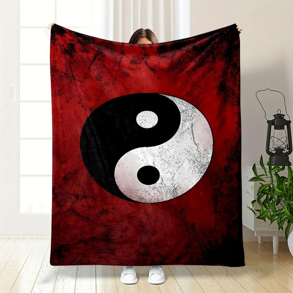 Yin Yang Symbol on Red Background Patterned blanket, flannel, suitable for all seasons, home decor, warm and cozy