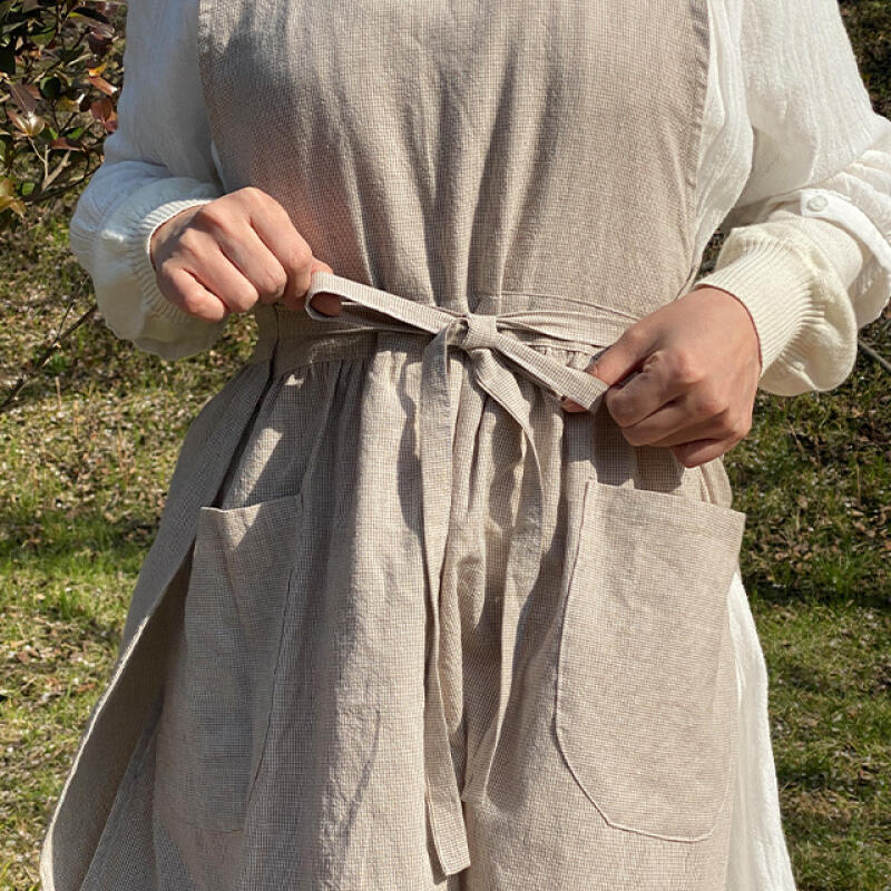 Хлопковый фартук-комбинезон Jang Geum в клетку - Бежевый Basic design (no pockets)