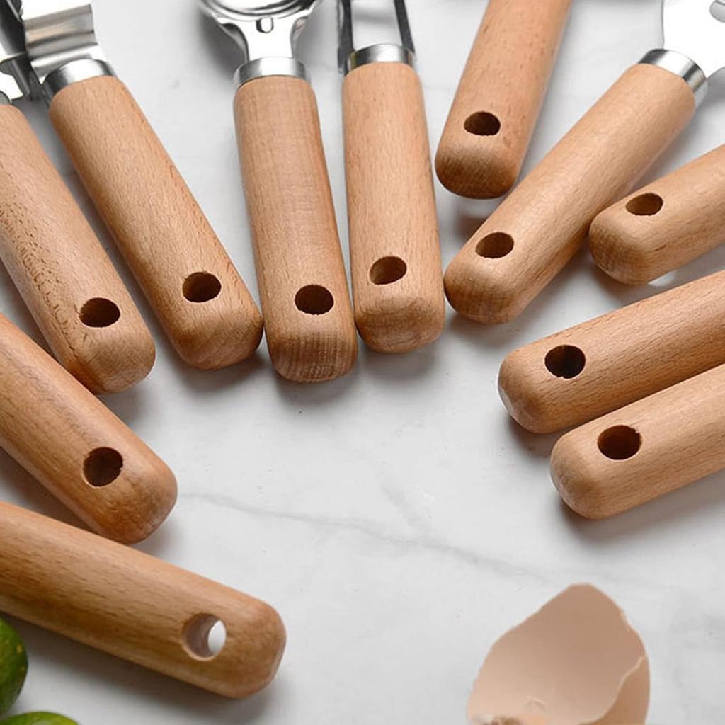 9 Pieces Kitchen Gadget Set with Wooden Handle, Stainless Steel Kitchen Tools Bottle/Can Opener Pizza Cutter