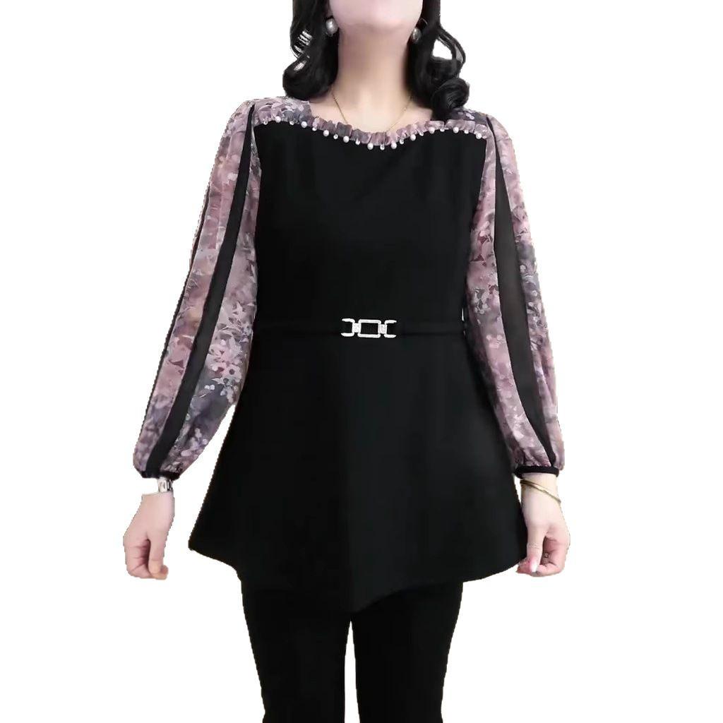 High-End Beaded Chiffon Patchwork Top for Middle-Aged Women – Plus Size, Luxury Spring Casual Shirt