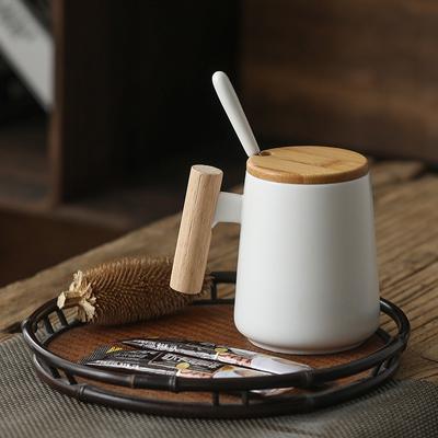 450 ml Keramik-Kaffeetasse mit Holzgriff im Vintage-Stil, Deckel mit nordischem Design, Porzellan, Tee-/Milchtasse, Trinkgeschirr, Geschenk für Paare im Büro