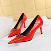 Women's Party High Heels Patent Leather Pointed Toe Pumps with Metal Buckle Decor Slim Stiletto Dress Shoes for Women