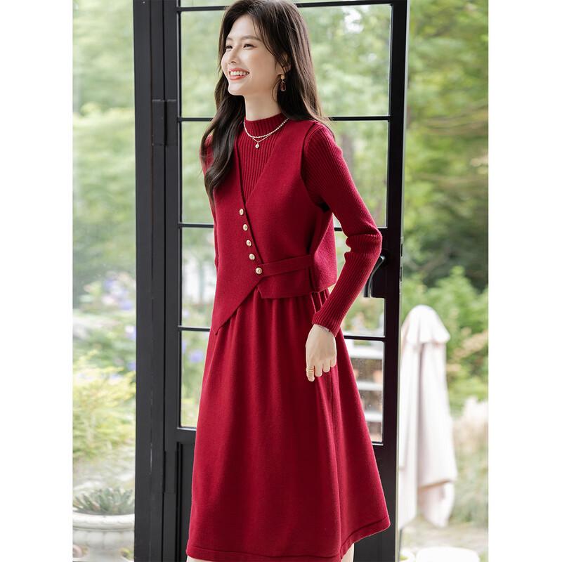 Women's Fashion Versatile Vest & Long Sleeve Midi Dress Set