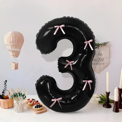 32 Inch Black Number Balloon with Pink Bows Crafts Satin Ribbon Aluminum Foil Balloon Large Decorative Balloon