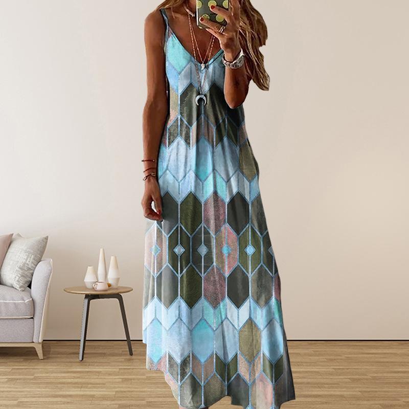 European and American women's clothing summer new fashion casual V-neck suspender dress long dress