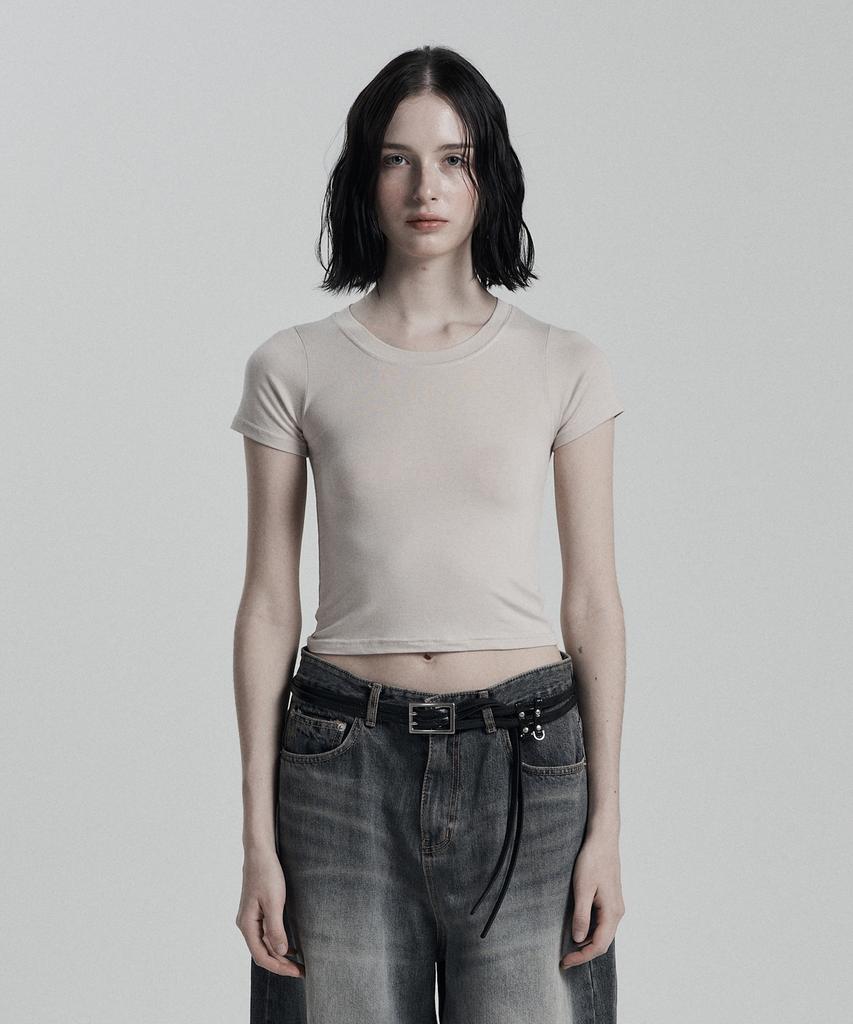 Eonibeu Basic Round Crop T-Shirt Beige