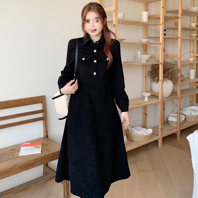 Thickened 300g Corduroy Hepburn-Style Long-Sleeve Dress | Large Autumn/Winter Coffee Break