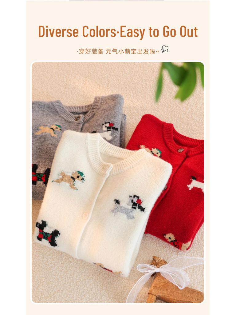 Kinder-Cardigan aus 100% reiner Wolle, gestrickt, mit Cartoon-Motiv, koreanischer Stil, Rundhals-Pullover für Jungen und Mädchen