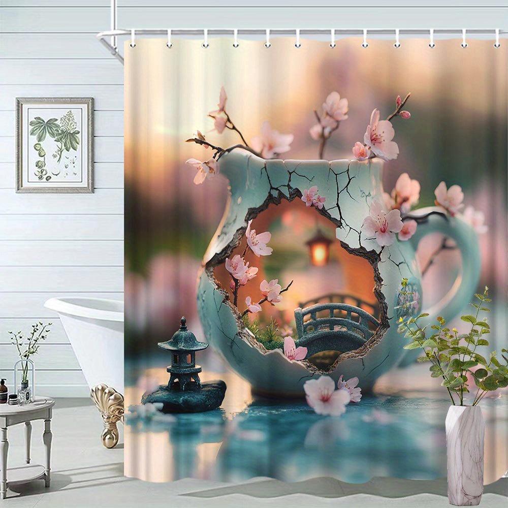 

Cherry Blossom Bonsai Shower Curtain - Romantic Scenery,Lantern Bridge, Landscape & Flower Theme,Creative Design,Polyester Decor W60H190(CM)-1 Pcs