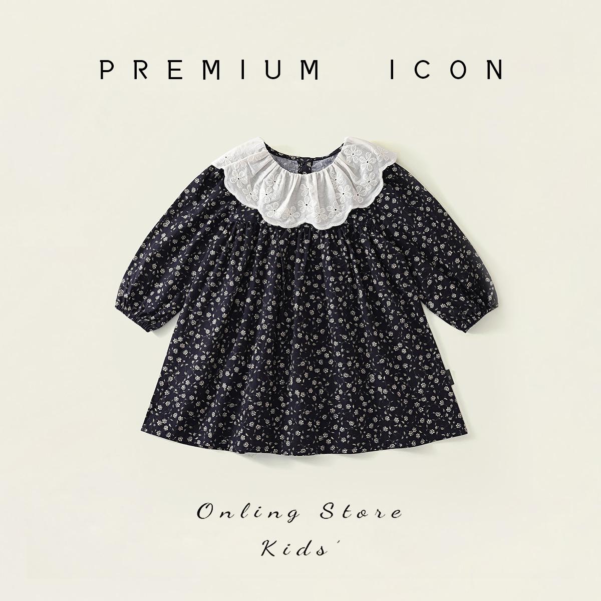 

Girls Retro Floral Long-Sleeve Jacquard Cotton Princess Dress with Turn-Down Collar for Spring & Autumn 2025. 100 cm
