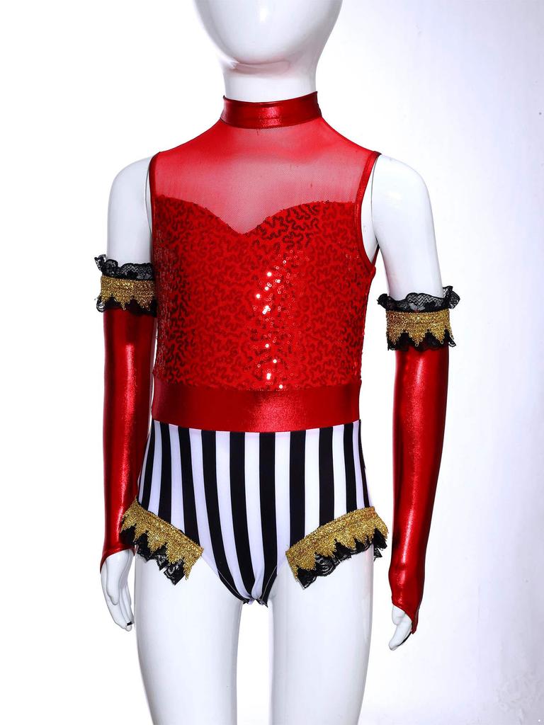 Children‘s Patchwork Sequins Circus Jumpsuit Mock Neck Sleeveless Gold Webbing Press Button Crotch and Glossy Oversleeve Set