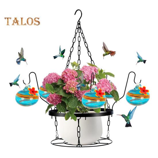 Hand Blown Glass Hummingbird Feeder 2-in-1 Hanging Metal Planter Holder with 6 Small Blown Glass Birdfeeder for Garden Backyard Window Decor