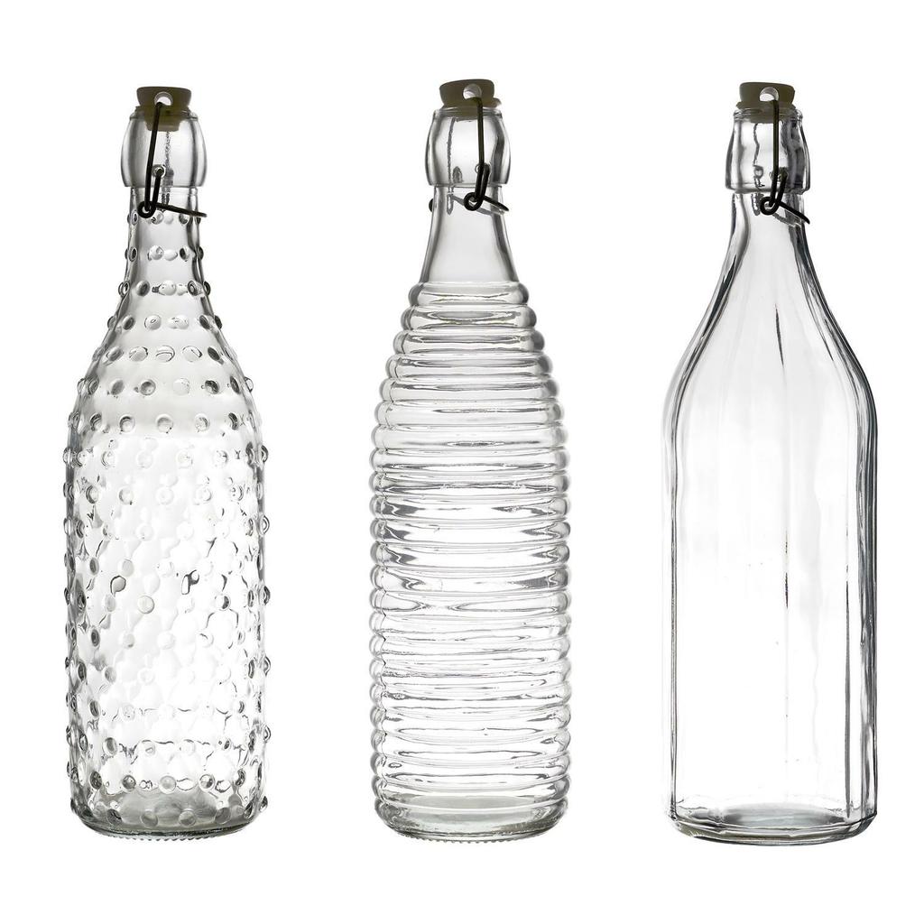 1L Glass Bottle, Smooth Design, With Clip-On Cap