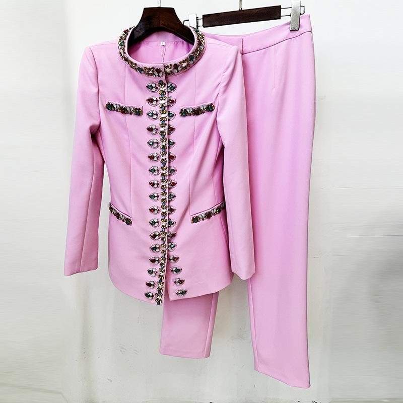 2025 Spring European & American Fashion Beaded Rhinestone Jacket & Skinny Pants Set