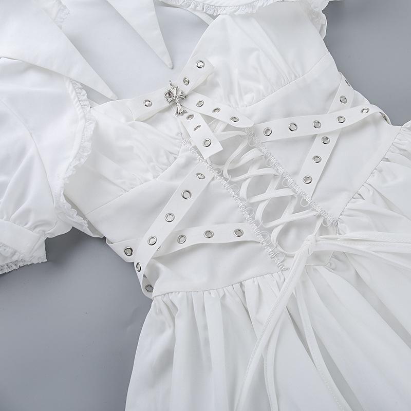 GMXIA Summer Polo Collar Puffy Sleeve Smock Top Corn-eye Webbing Slim-fit Halter Dress for Women