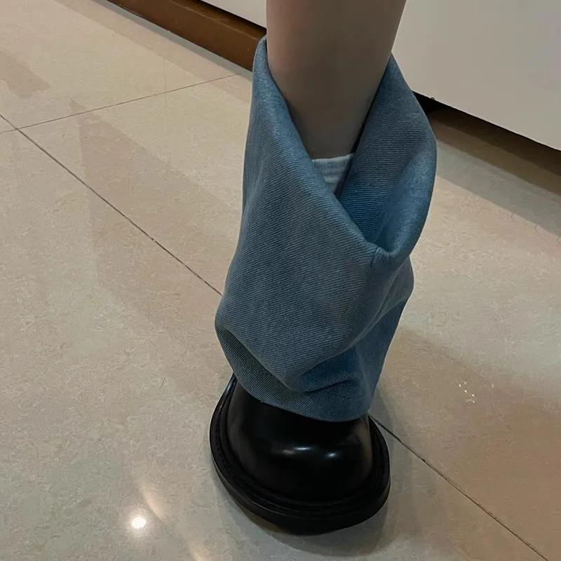 Fashion Fashionable Black Blue Denim Shorts Pants Boots New Thick Bottom Retro Round Head Thick Heel Wrinkled Lazy Ankle Boots Size 43
