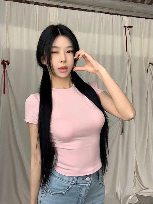 2026 European and American Trendy Women's Cropped Slim-Fit Solid Color Short-Sleeve T-Shirt