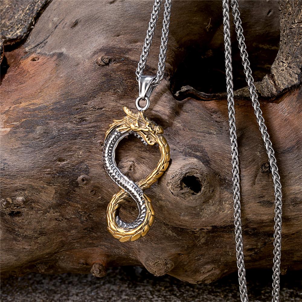 Punk Norse Viking Dragon Necklace Gold Stainless Steel Infinity Pendant Ouroboros Amulet Jewelry Gift for Men