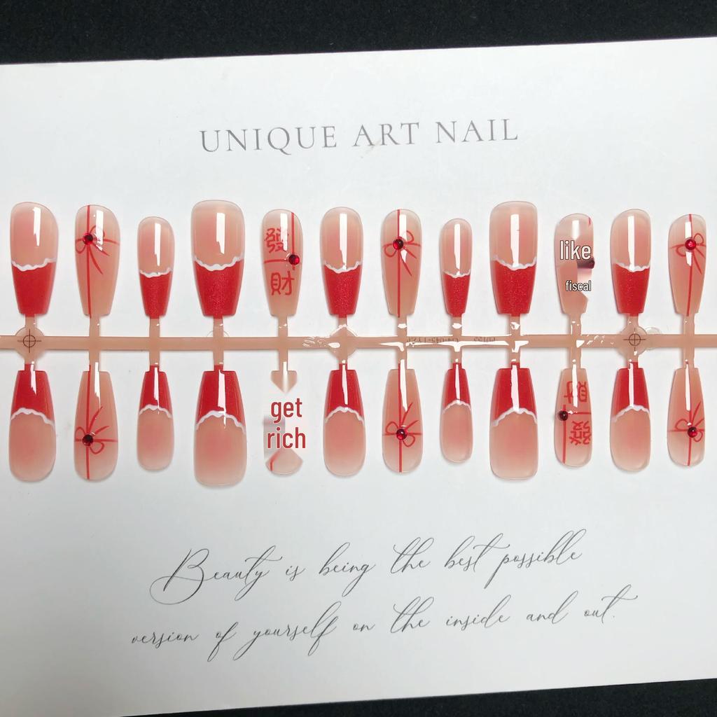 Red Bow Festive French Press-On Nails: Elegant Pure Desire Style for New Year Celebrations