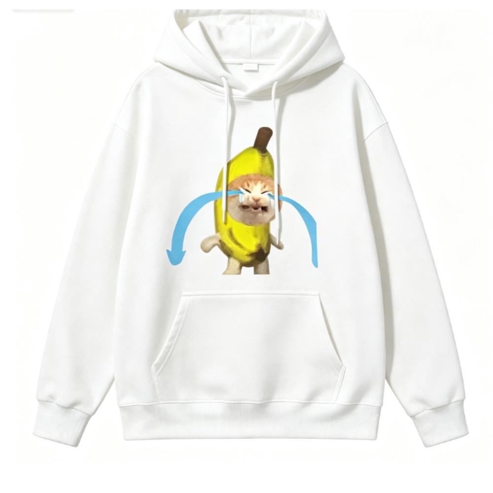 Women Drawstring Hoodie Crying Banana Cat Meme Graphic Sweatshirt Kangaroo Pocket Casual Daily Streetwear Pullover Women Hoodie