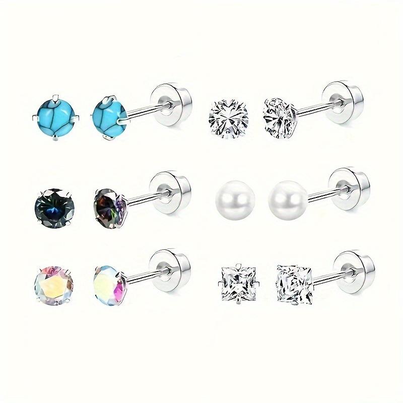 12 Pairs Stainless Steel Earrings Hypoallergenic 20G Medical Steel Cartilage Opal CZ Pearls Sleeping Earrings