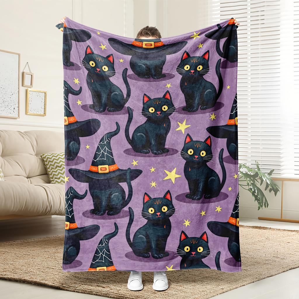 Coperta Plaid in Pile per Halloween Morbida Peluche con Motivo Gatti Neri Pipistrelli Cappelli da Strega Viola Decorazione Idea Regalo