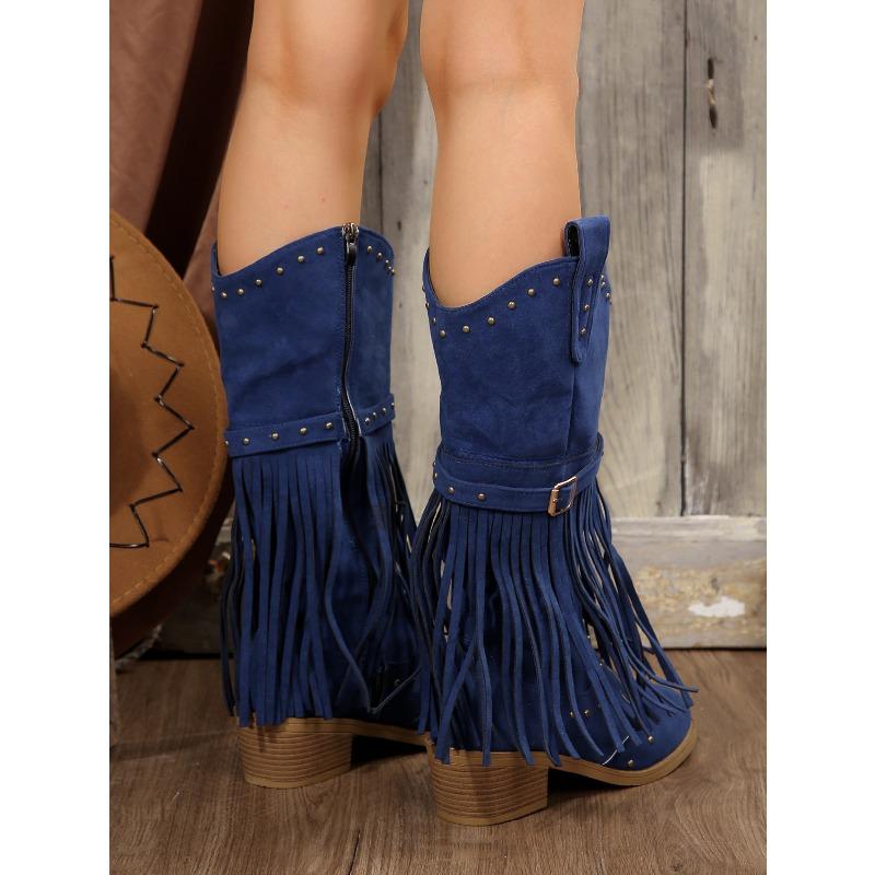 Suede Vintage Fringe Boots 2025 Winter New Rivet Belt Buckle Pointed Toe Mid-Top Boots Plus Size Knight Boots Women