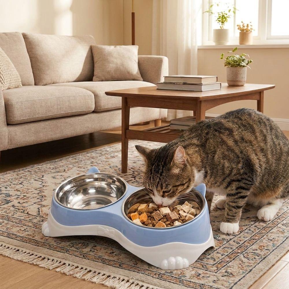 Raised Neck Protection Cat Ear Pet Double Bowl Anti-spill Pet Feeding Bowl Small Pet Food Bowl