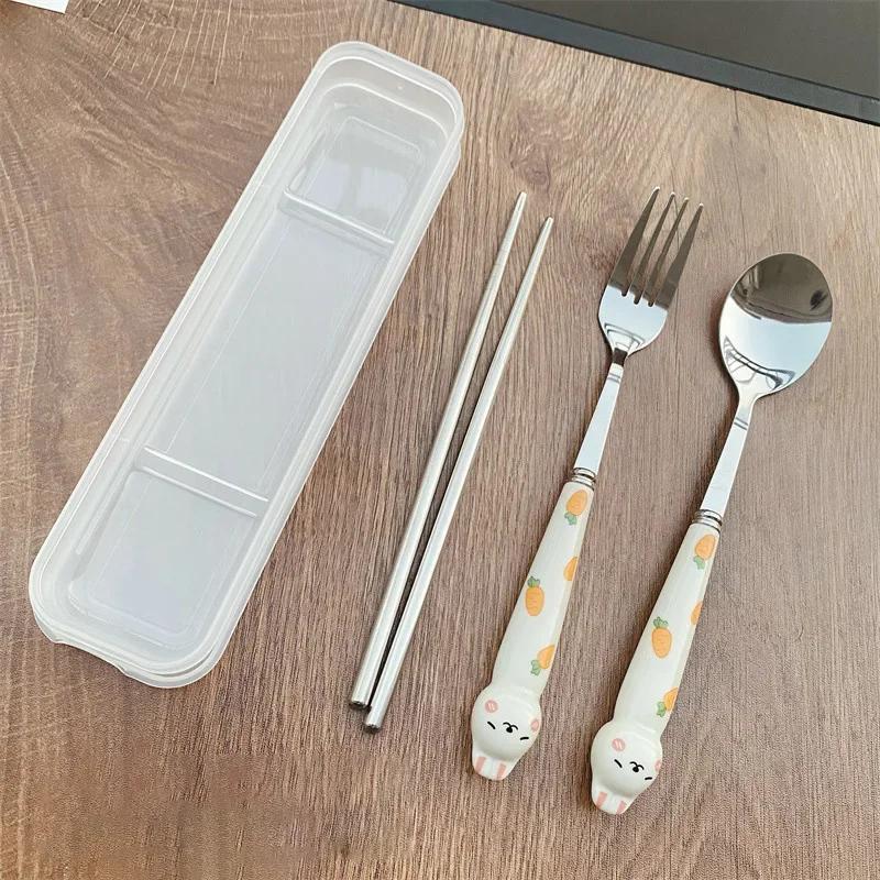 Stainless Steel Cartoon Knife Fork Spoon Kitchen Dinnerware Animals Glossy Ceramic Handle Set With Box For Dessert Steak