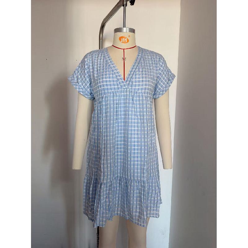 2026 Summer New Women's V-neck Loose Casual Short-sleeve Plaid Dress