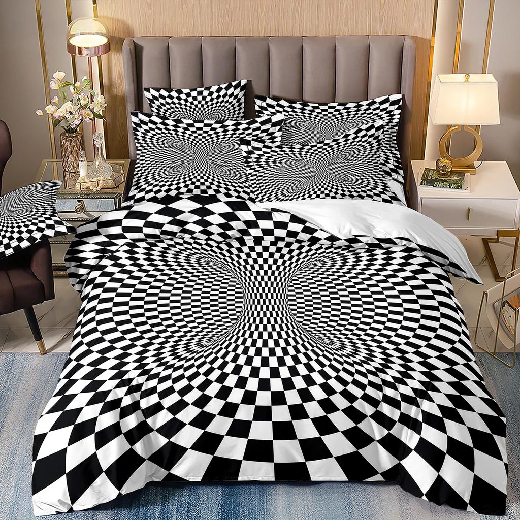 Durable Vibrant Double Polyester For Bed Abstract Style Print Honeycomb Pillowcover Black And White Quilt