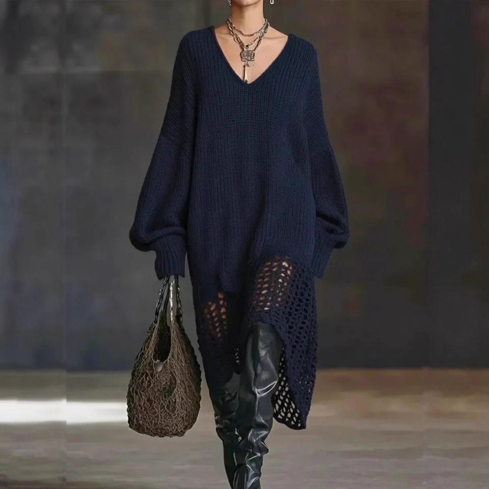 Europäisches & Amerikanisches V-Ausschnitt Strickkleid mit unregelmäßigem Saum und Hohlmuster