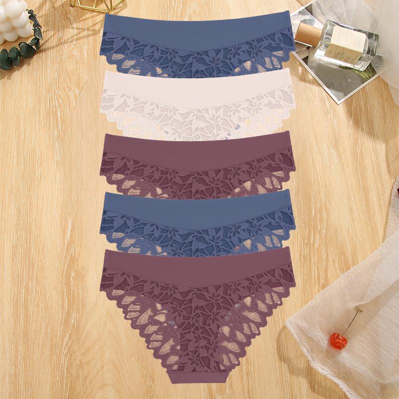 5Pcs Women Lace Floral Underwear Seamless Stretch Panties Sexy Hollow Out Low-Waist Briefs Women Lace Comfort Lingerie