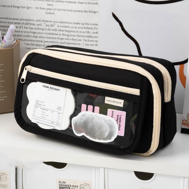 Flip Cover Pencil Bag Pen Case Transparent Front Multi Pocket Oxford Fabric Storage Pouch for Stationery