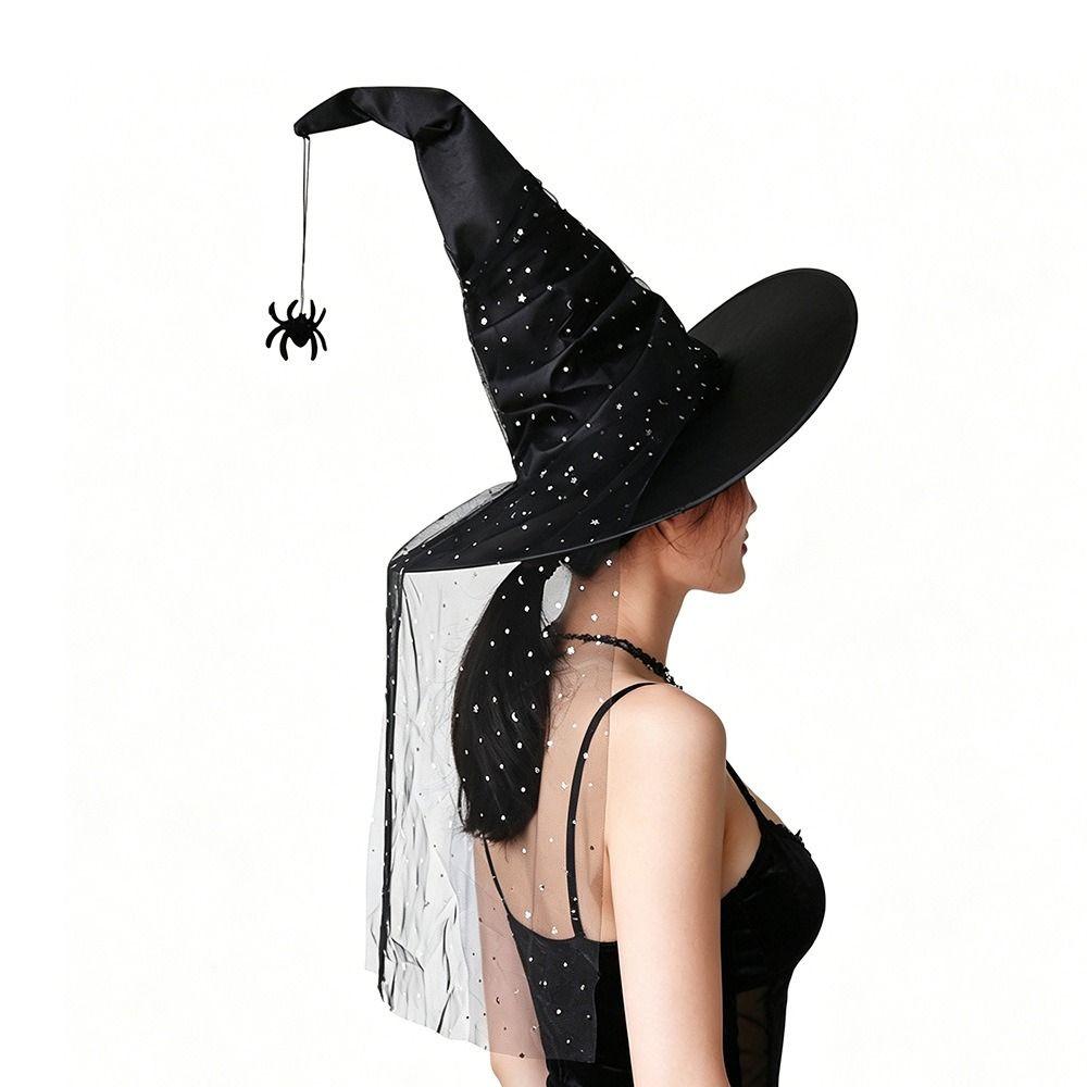 Mesh Yarn Cover Halloween Witch Hat With Veil Cosplay Accessories Pointed Mage Hat Masquerade Ball