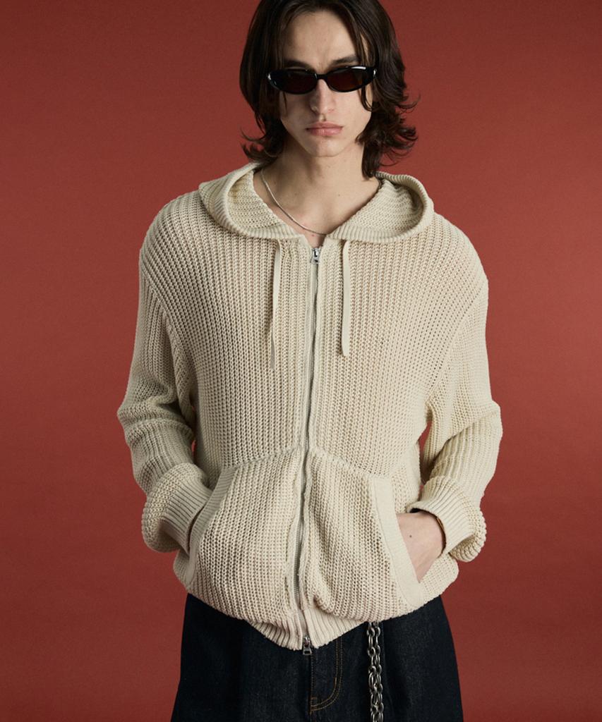 Il Corso Airy Mesh Knit Zip-Up Hoodie Light Beige