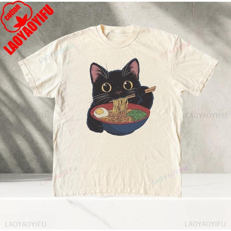 Ramen Cat TShirt Kawaii Anime Cat Japanese Foodies Graphic Tee Unisex Cotton Cute Cat Lover Shirt Harajuku Streetwear Y2K Top