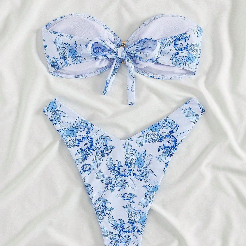 Women's Strapless Printed Bikini Swimsuit with Tie Straps and Ring Detail